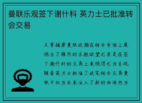 曼联乐观签下谢什科 英力士已批准转会交易