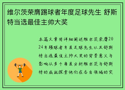 维尔茨荣膺踢球者年度足球先生 舒斯特当选最佳主帅大奖