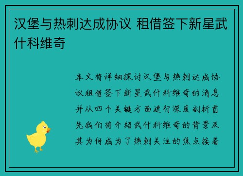汉堡与热刺达成协议 租借签下新星武什科维奇