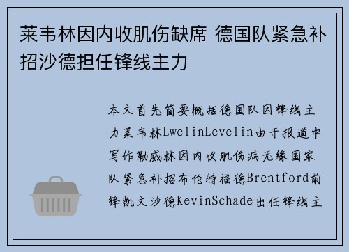 莱韦林因内收肌伤缺席 德国队紧急补招沙德担任锋线主力